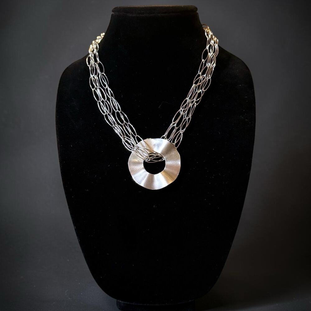 Milor Italy Modernist Multi-Strand Chain Pendant Necklace Womens Silver Tone 19”
